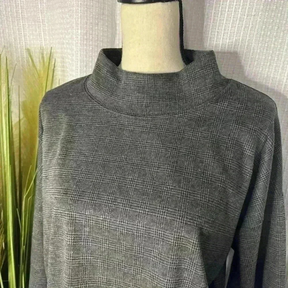 Madewell Women’s M Long Wide Flare Sleeves Mock Neck Top in Glen Plaid Gray - Picture 3 of 11